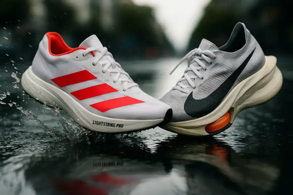 Adidas Adios Pro 4 vs. Nike Alphafly 3: Racing shoes comparison. Adidas with red stripes, Nike with swoosh logo.