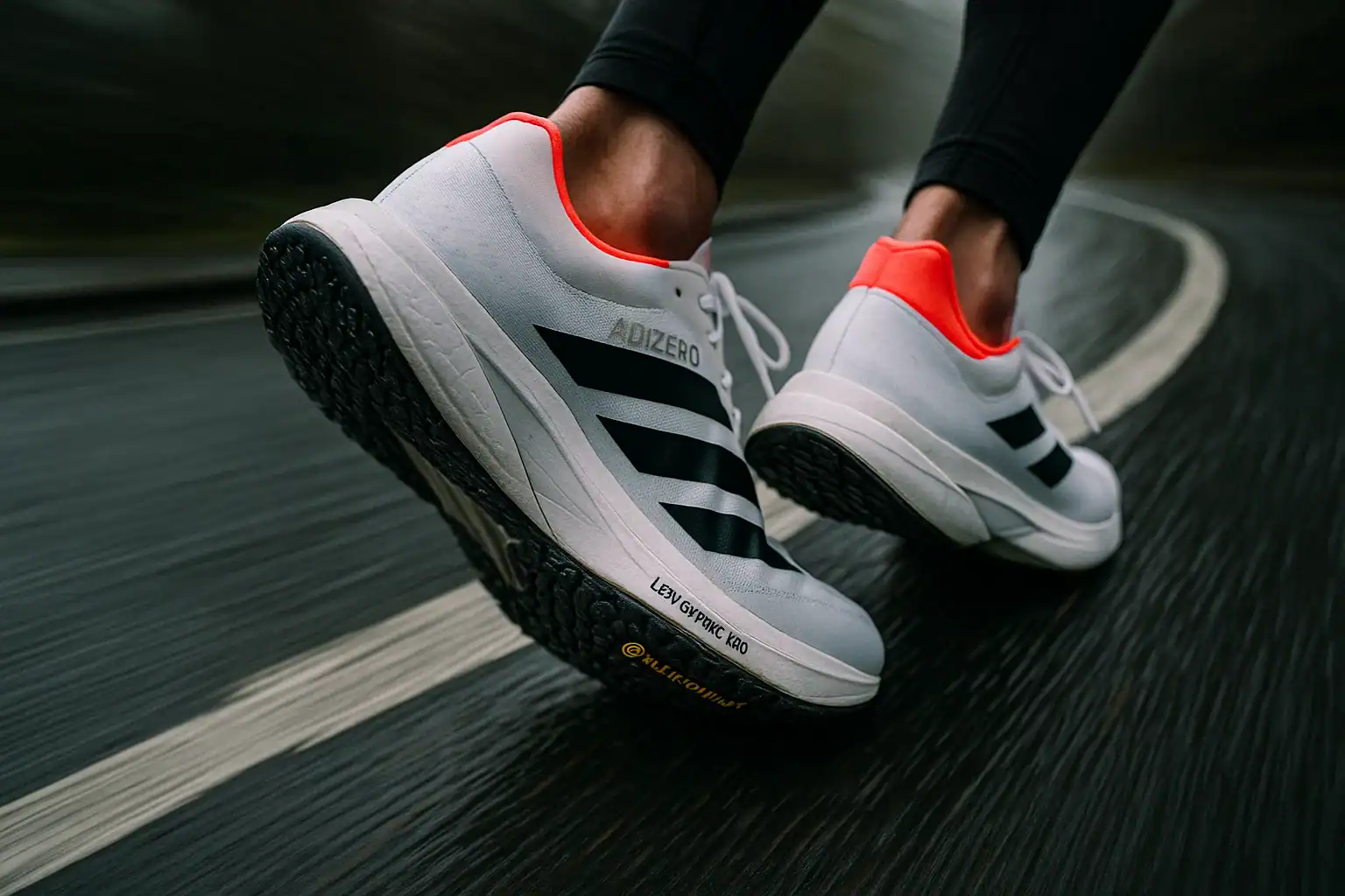 Adidas Adizero Pro 4 running shoes on a track. Performance footwear for marathons and road racing.