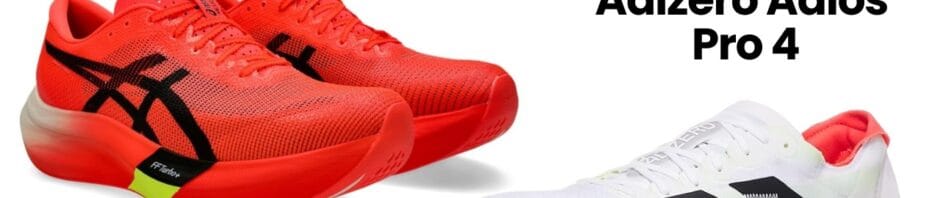 Adizero Adios Pro 4 (Adidas) vs. Metaspeed Sky Edge Paris (Asics) running shoes comparison.