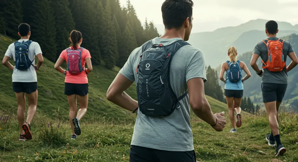 Runners on a trail wearing various running hydration packs.