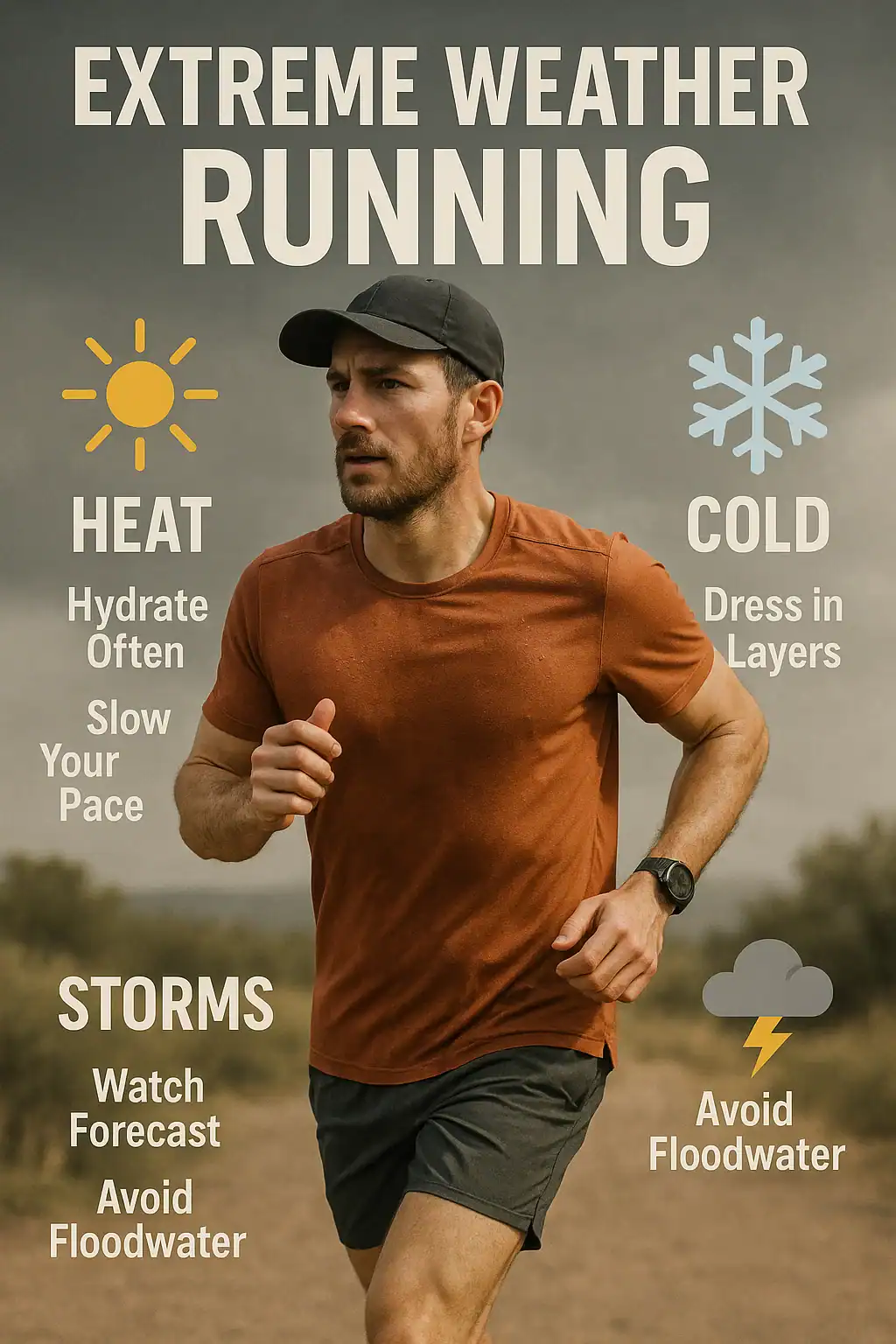 Man running with tips for extreme weather: heat, cold, & storms.