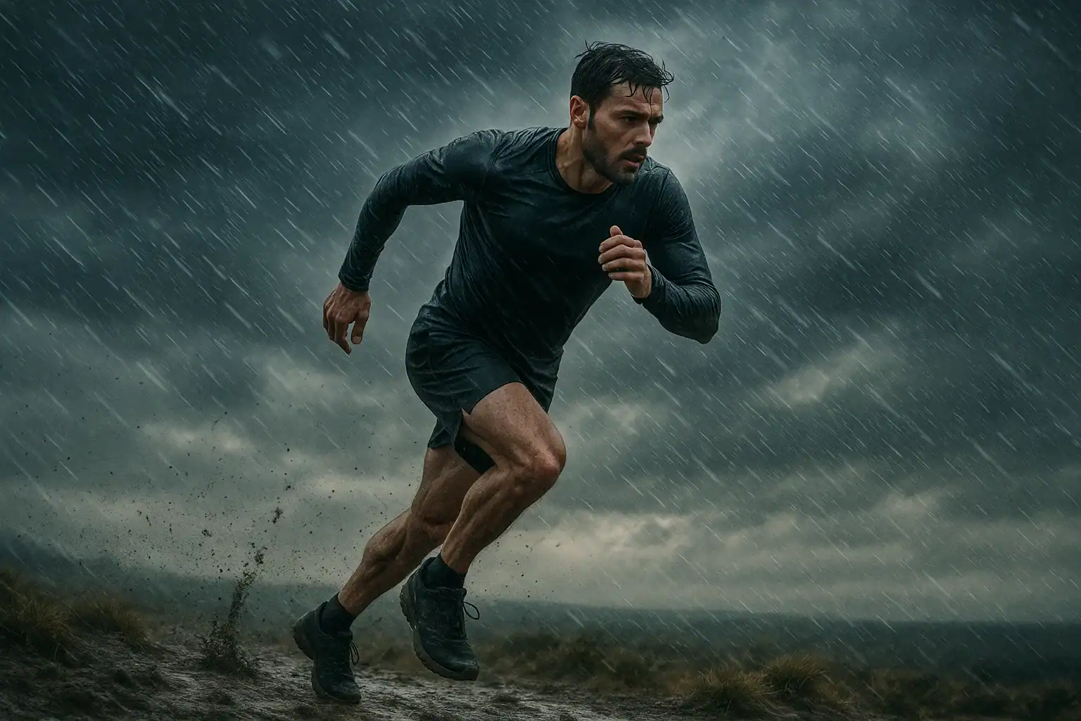 Man running in extreme weather. Runner in pouring rain against a dramatic sky.