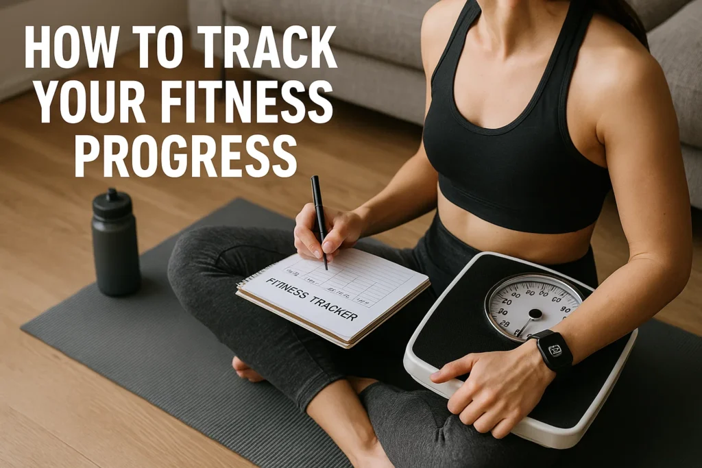 Woman tracking fitness progress with a scale and fitness tracker notebook.