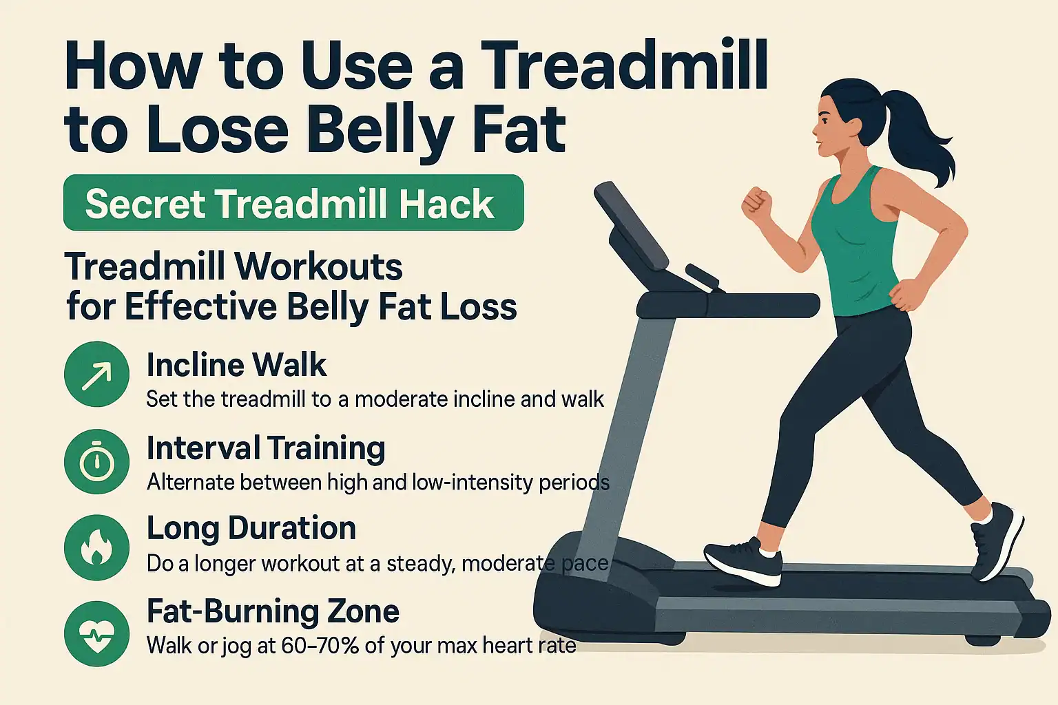 Treadmill workouts for belly fat loss: incline walk, interval training, more.