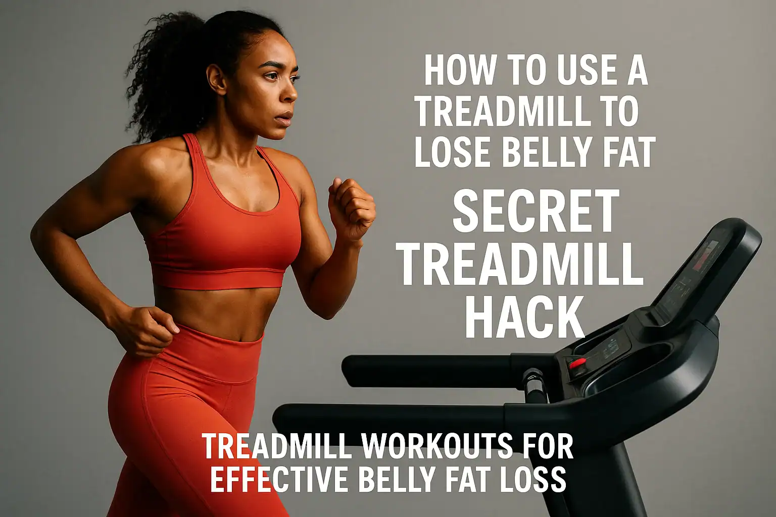 Woman running on treadmill, secret treadmill hack for belly fat loss.