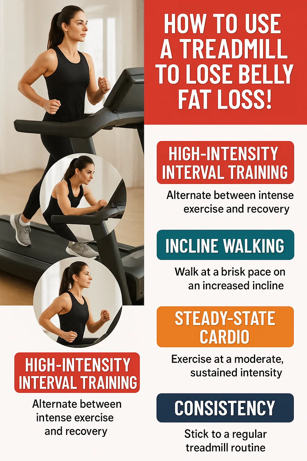 Treadmill workout for belly fat loss: HIIT, incline walking, steady-state cardio, and consistency.