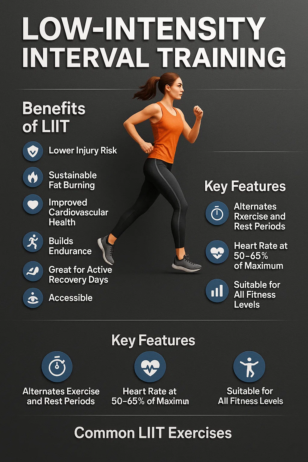 LIIT infographic: Benefits & key features of low-intensity interval training, with woman running.