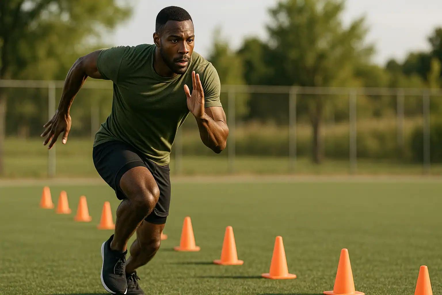 Man speed training, running drills on field. Agility workout with cones.