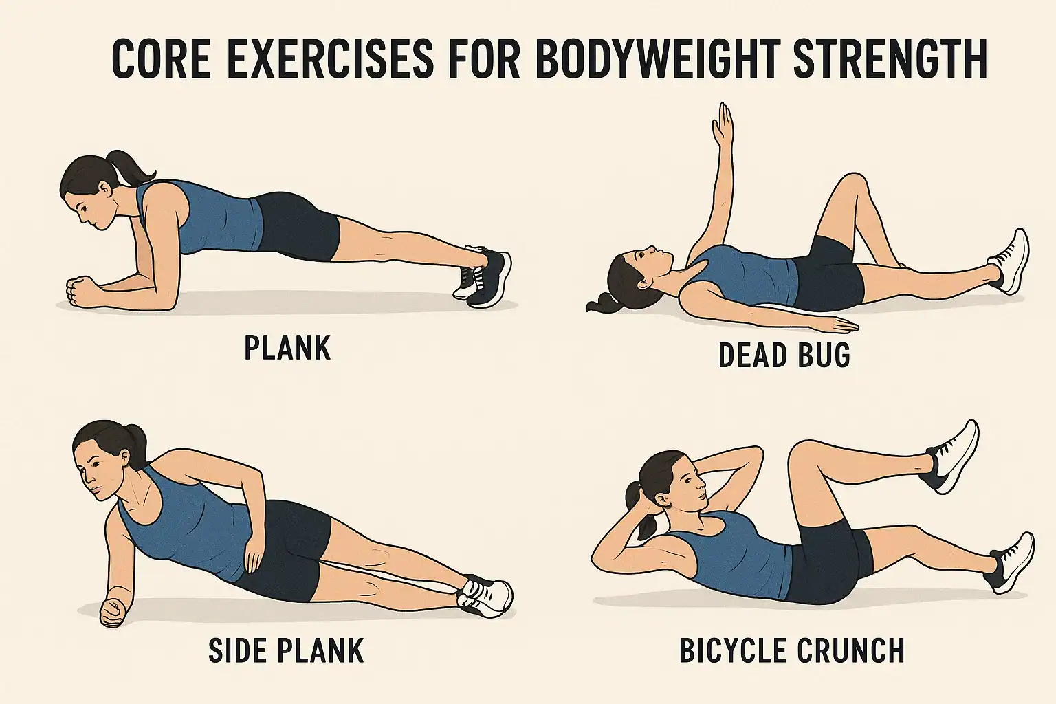 Bodyweight strength training illustration: Plank, dead bug, side plank, bicycle crunch.