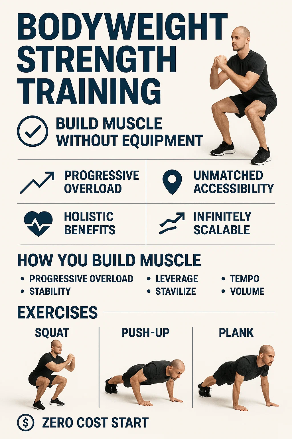 Bodyweight strength training guide: squat, push-up, plank. Build muscle with no equipment!
