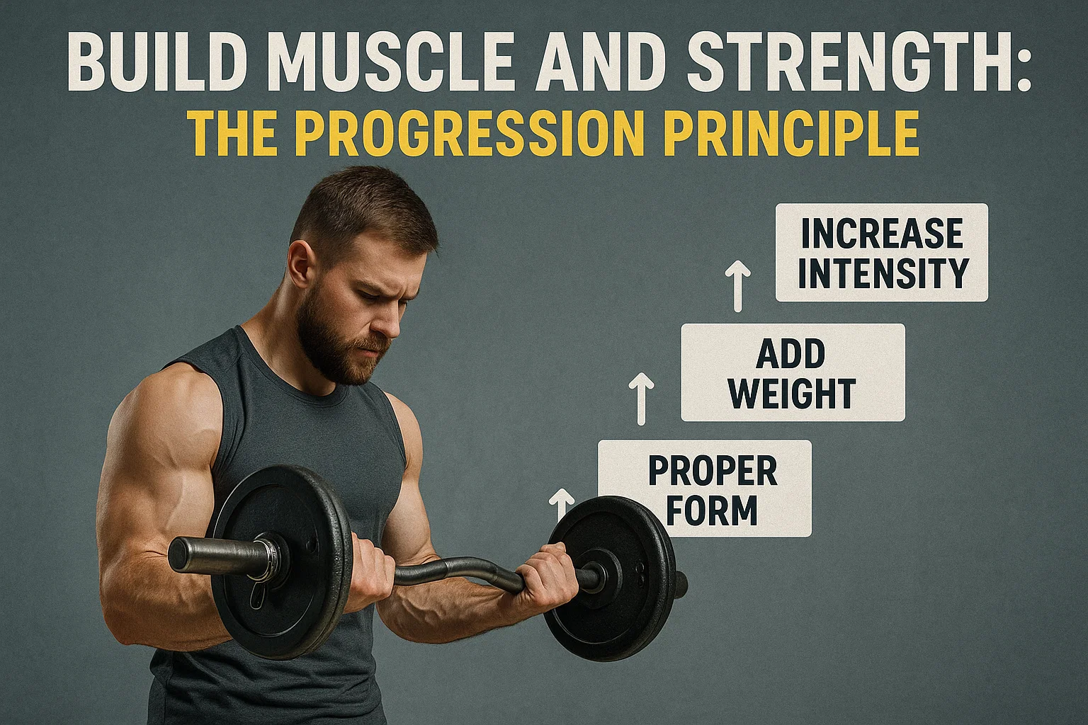 Strength training progression principle: proper form, add weight, increase intensity. Man lifting weights.
