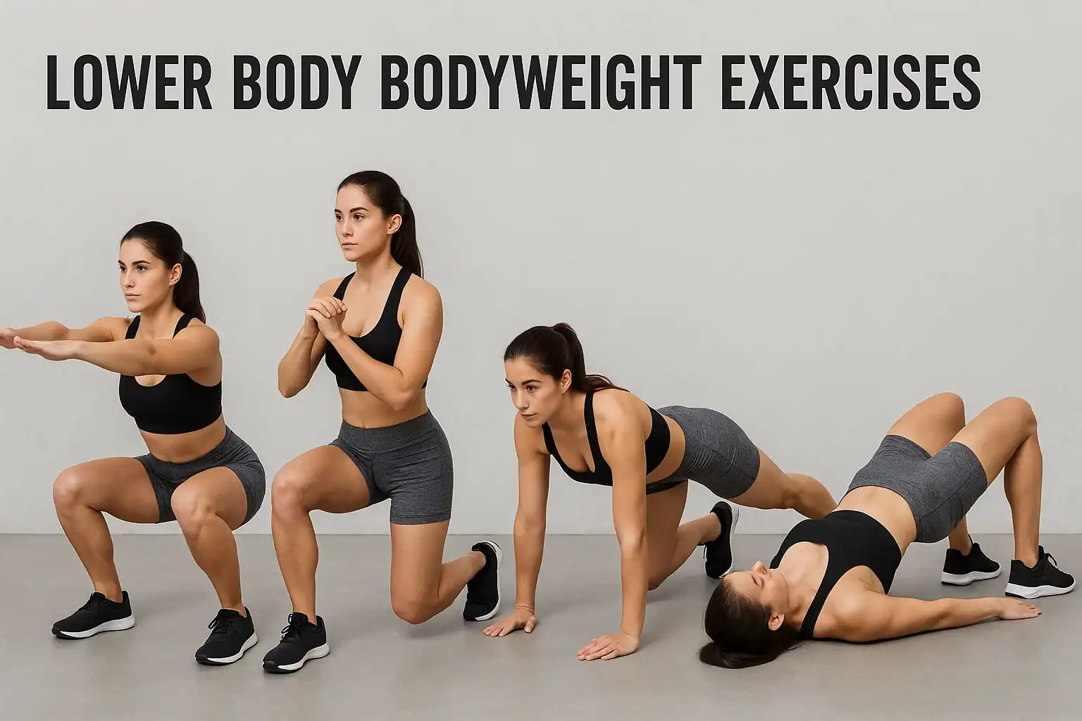Lower body bodyweight workout exercises: squats, lunges, plank jacks, hip thrusts.