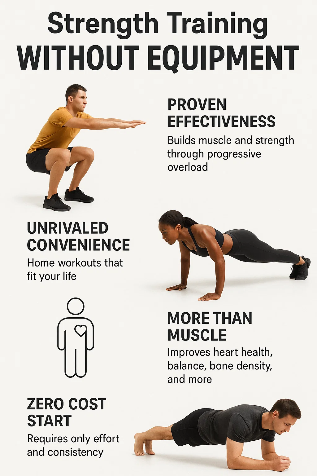 Strength training without equipment: Squats, push-ups, plank, and benefits for building strength at home.