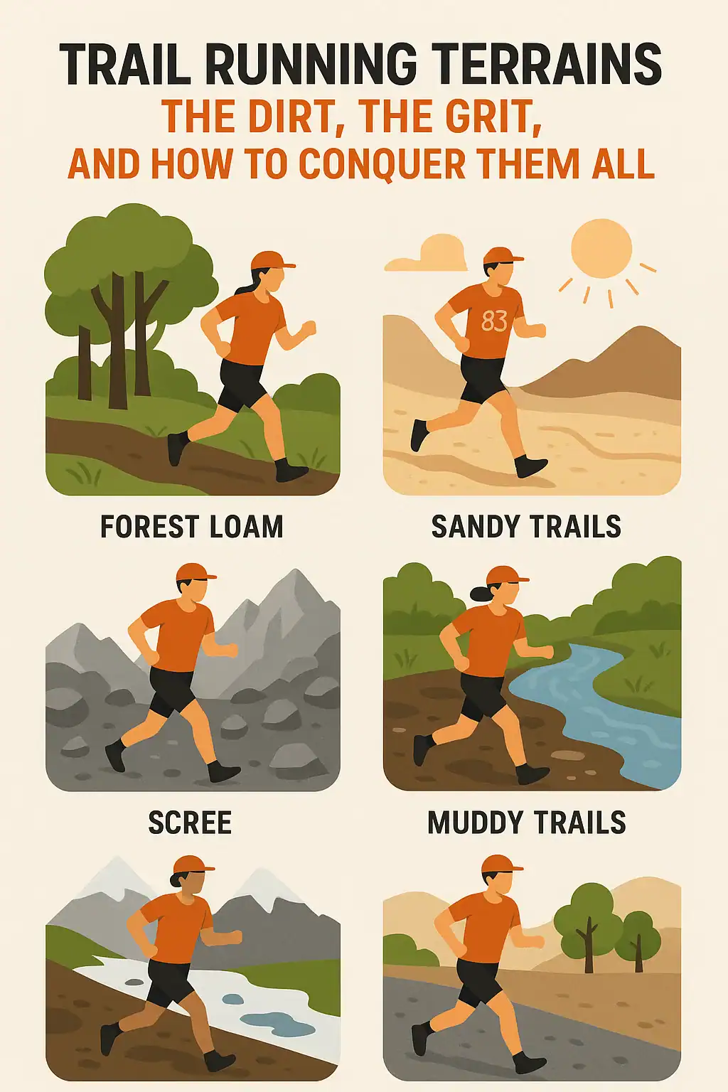 Trail running terrains: forest loam, sandy trails, scree, and muddy trails.