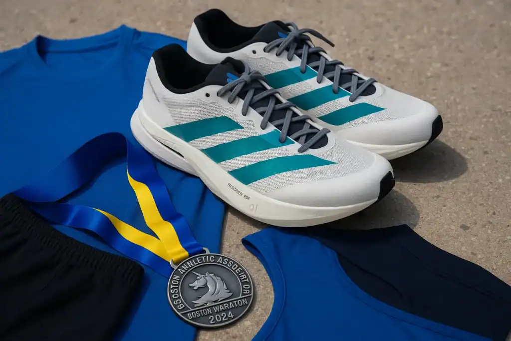 Adidas Adizero Boston 13 running shoes with race medal and apparel.
