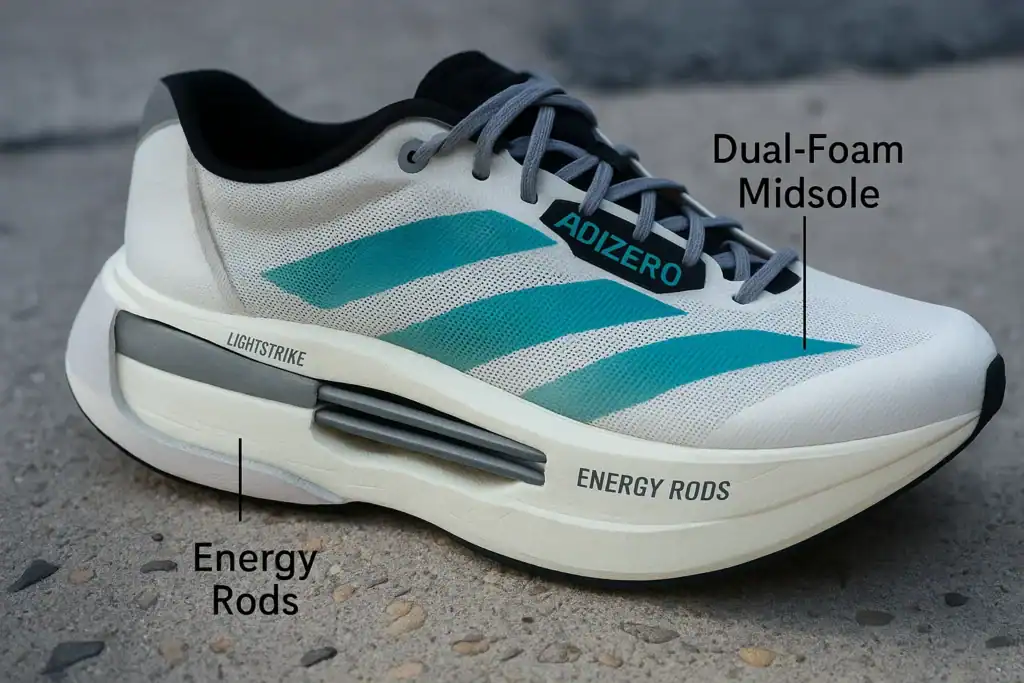 Adidas Adizero Boston 13 running shoe with dual-foam midsole and energy rods.
