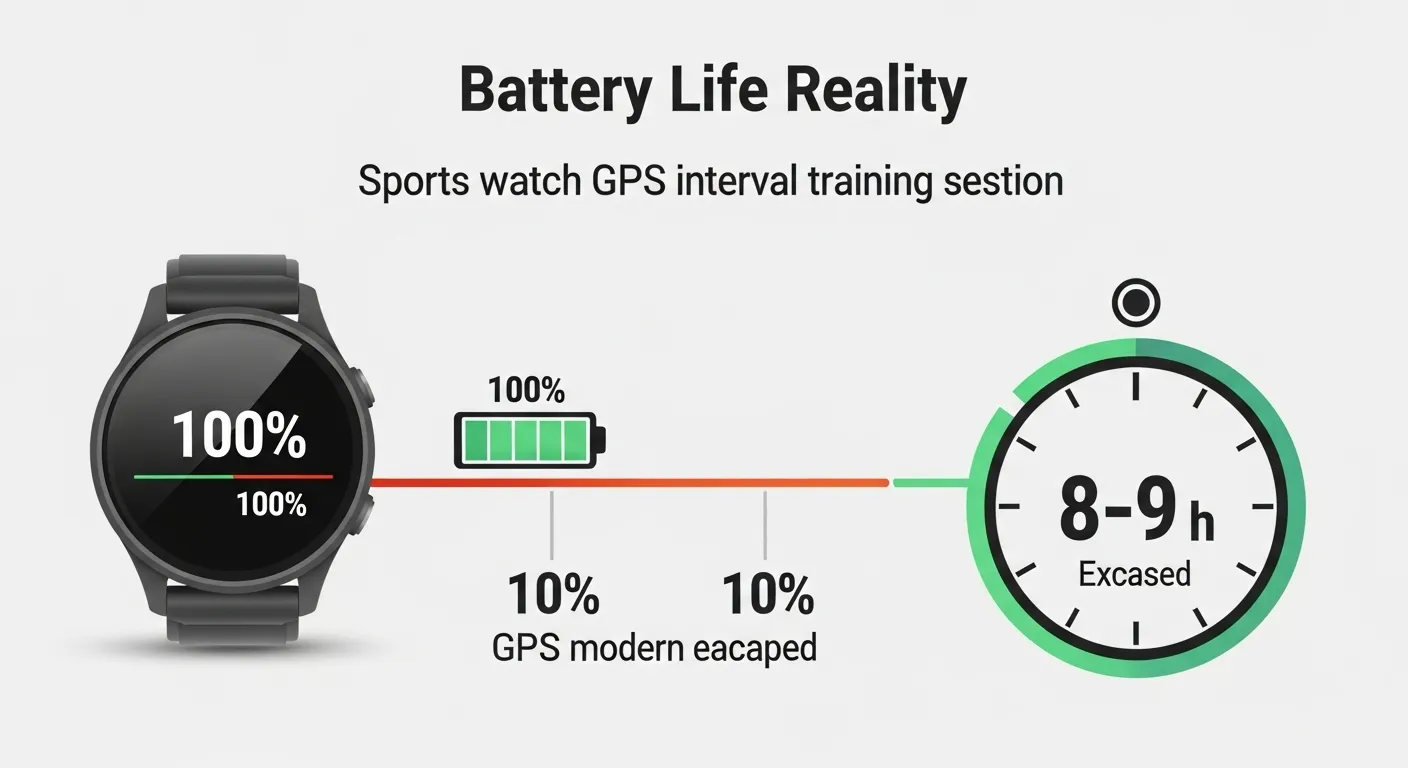 The image illustrates the battery life of a sports watch during GPS interval training sessions. It features a smartwatch...