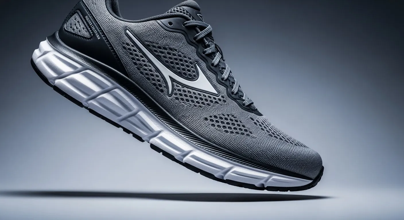 The image features a sleek, black and silver running shoe with a prominent white logo on the side, set against a gradient...