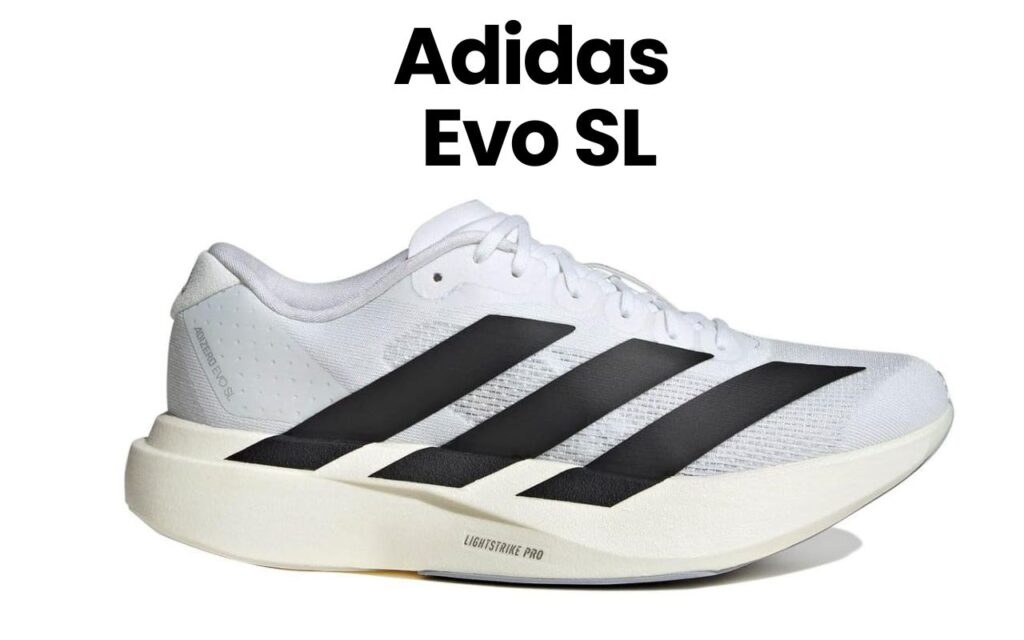 The image features a white Adidas Evo SL running shoe with black stripes, showcasing the shoes design and color scheme....