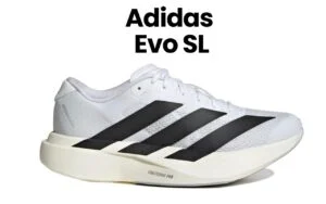 The image features a white Adidas Evo SL running shoe with black stripes, showcasing the shoes design and color scheme....