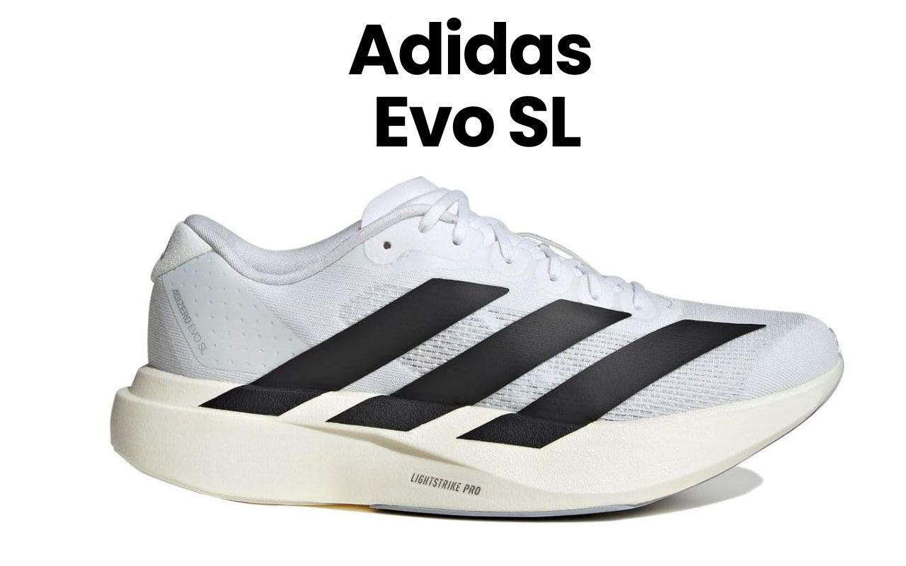 The image features a white Adidas Evo SL running shoe with black stripes, showcasing the shoes design and color scheme....