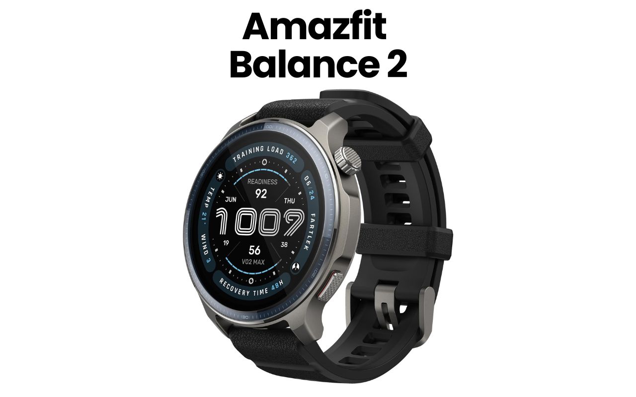 The image features Amazfit Balance 2 with a black band and a round, silver-rimmed face. The watch face displays various...