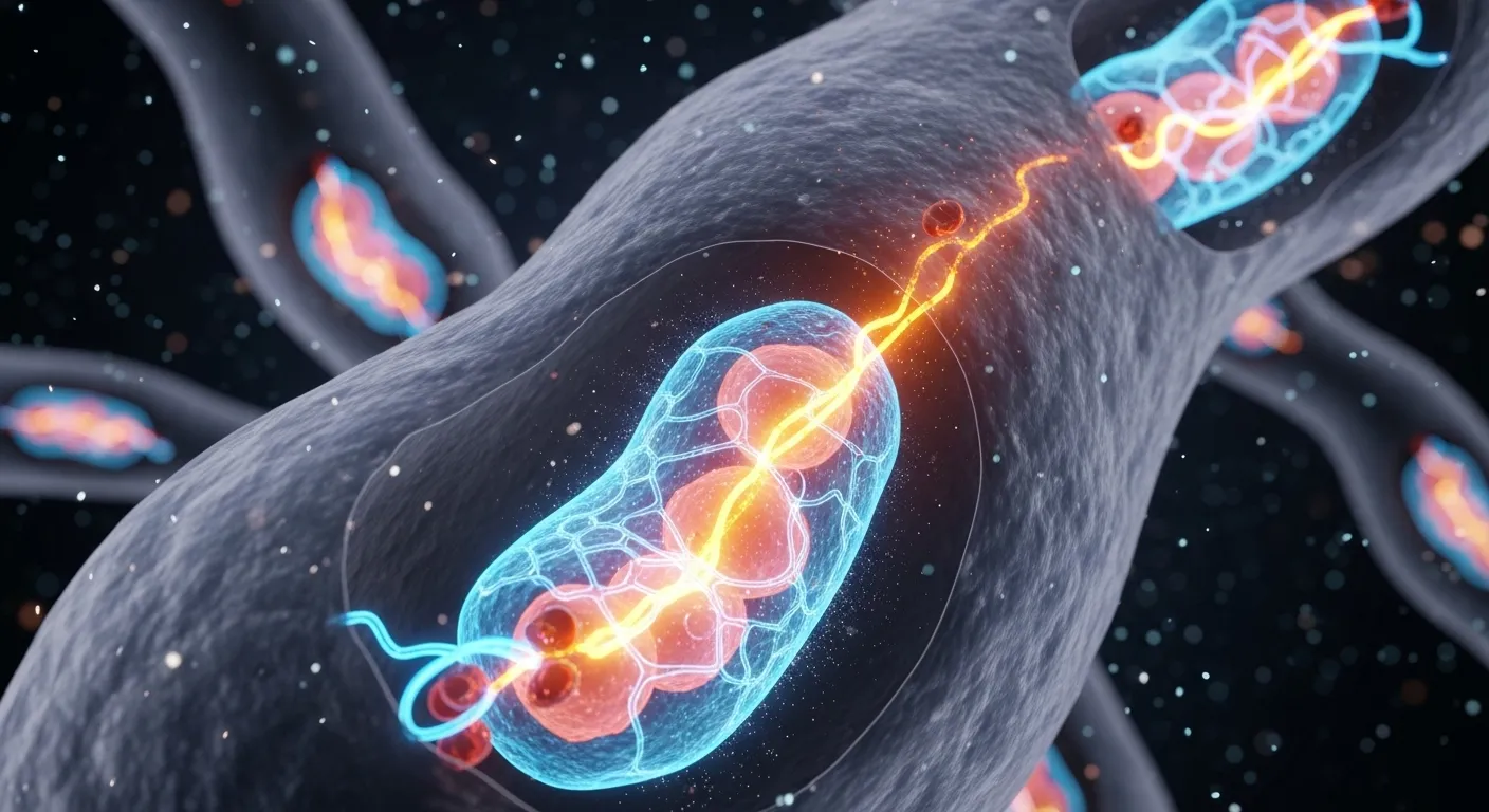 The image depicts a 3D rendering of bacterial conjugation, a process by which bacteria share genetic material. The image...