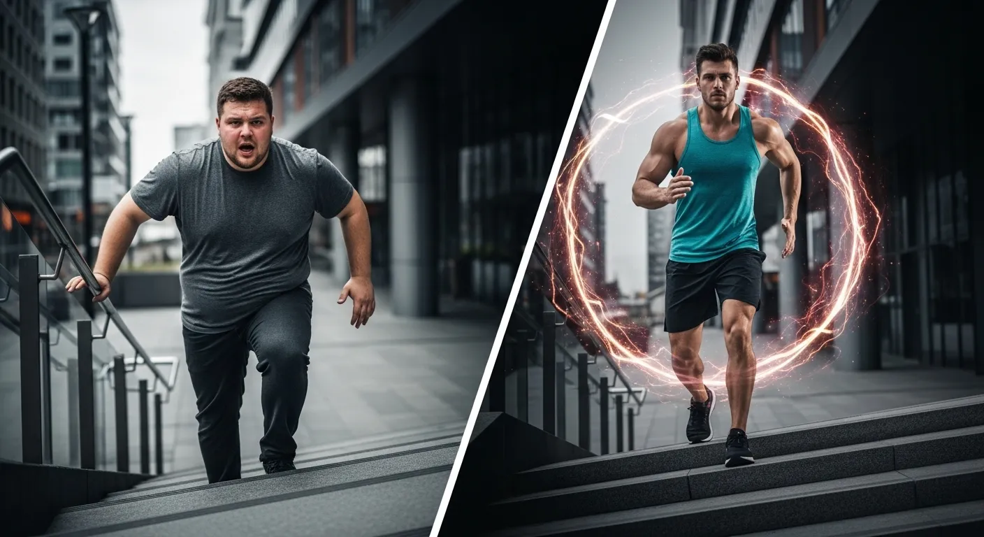 The image presents a striking before-and-after comparison of a mans transformation, showcasing his remarkable weight loss... Endurance Training Benefits