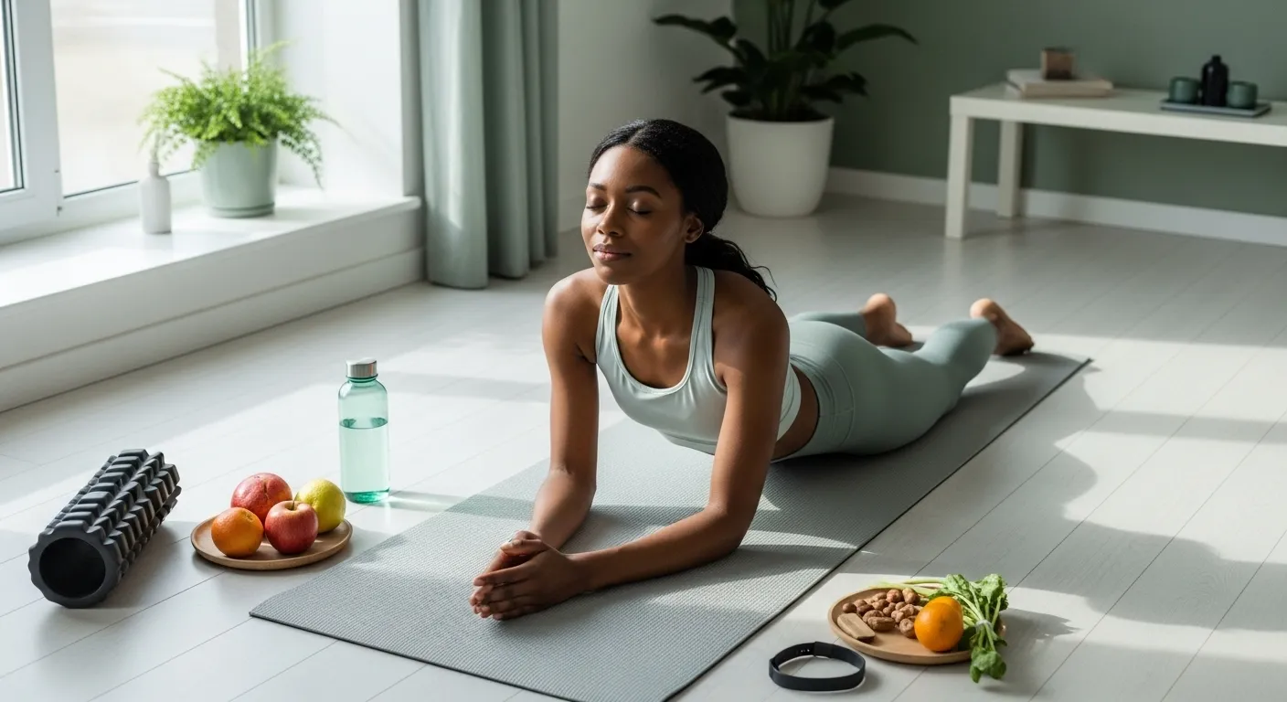 The image depicts a Black woman in a yoga pose, specifically the plank position, on a gray yoga mat. She is dressed in a...