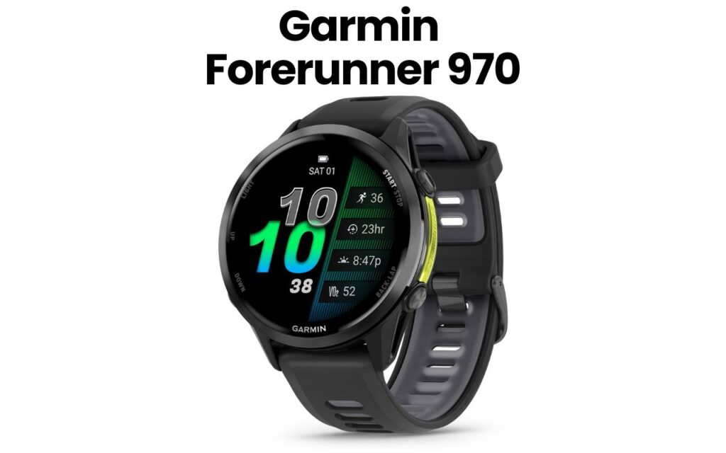 The image features a sleek black Garmin Forerunner 970 smartwatch with a round face, showcasing its vibrant display. The...