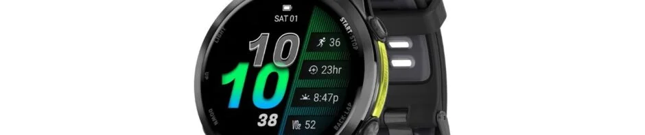 The image features a sleek black Garmin Forerunner 970 smartwatch with a round face, showcasing its vibrant display. The...