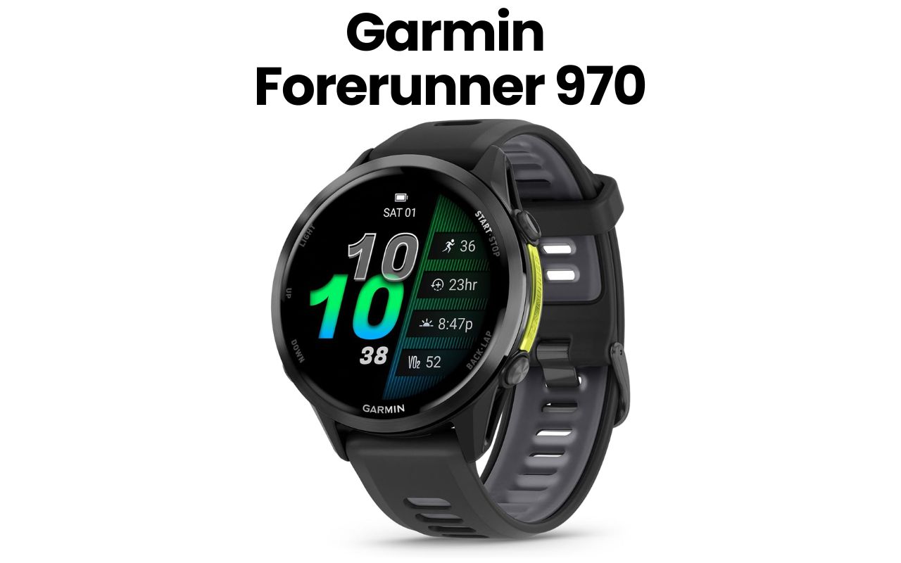 The image features a sleek black Garmin Forerunner 970 smartwatch with a round face, showcasing its vibrant display. The...