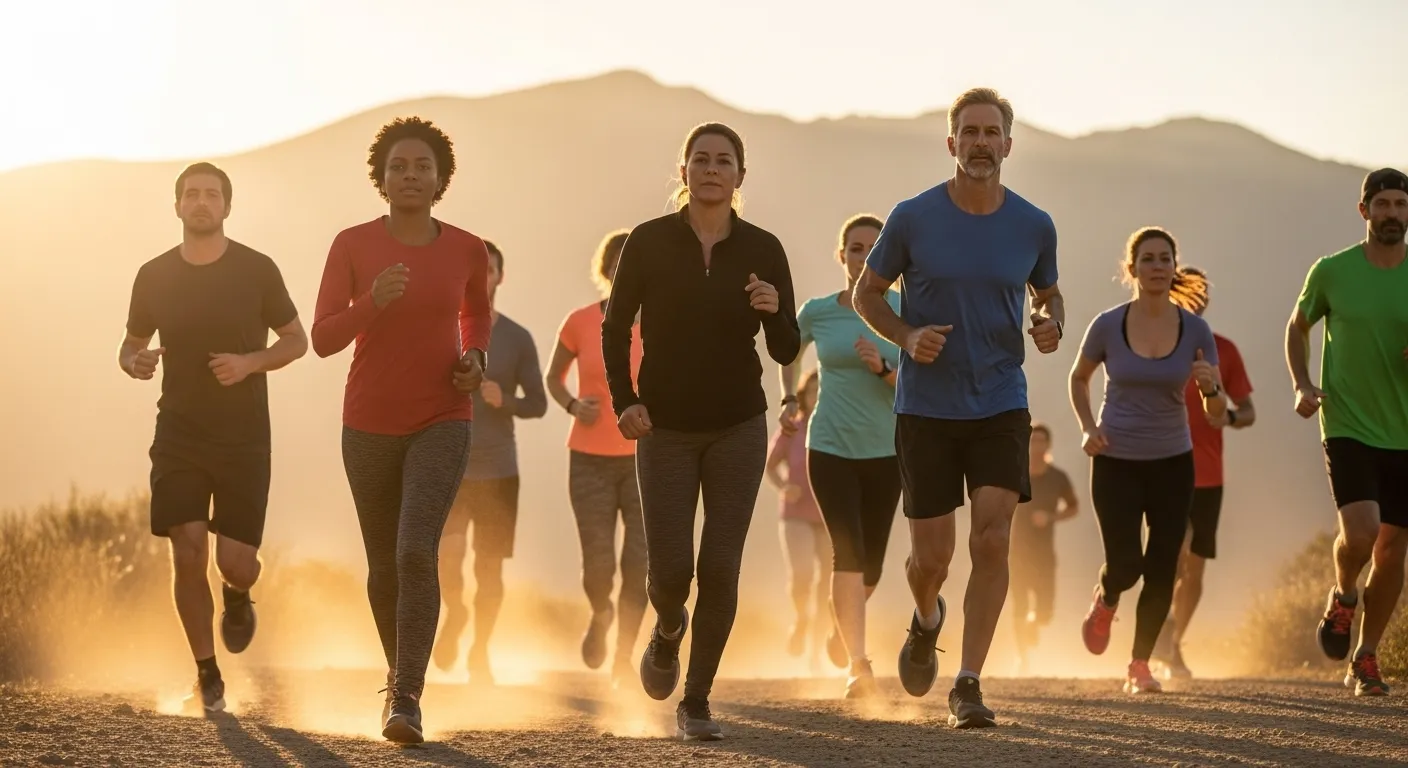The image depicts a group of runners in motion, set against the backdrop of a sunset on a trail. The runners are dressed...