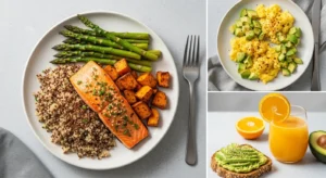 The image presents a visually appealing and nutritious meal, featuring a plate of salmon, quinoa, and asparagus,...