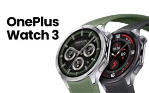 The image features two smartwatches: OnePlus Wtach 3, with the one on the left being silver and green, and the one on the right being...