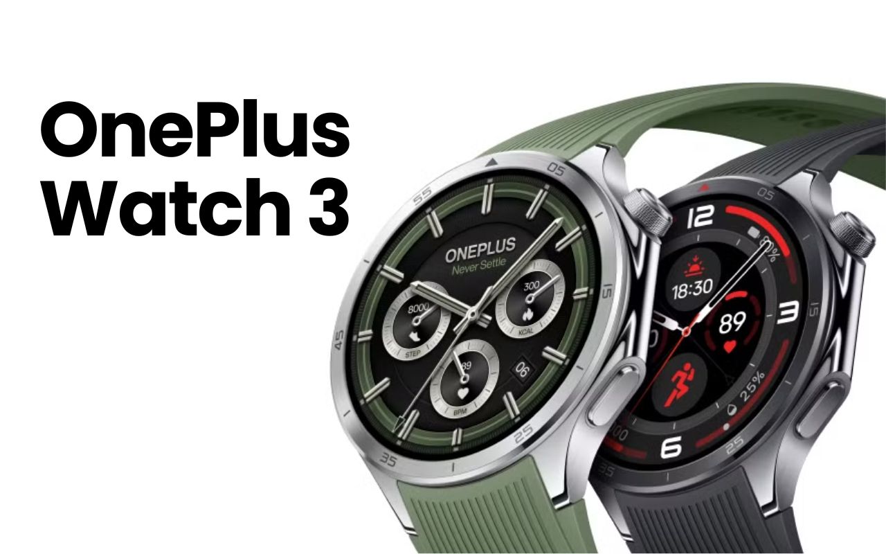 The image features two smartwatches: OnePlus Wtach 3, with the one on the left being silver and green, and the one on the right being...