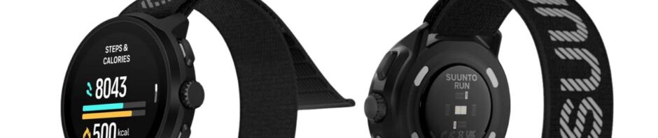 The image presents a Suunto Run smartwatch with a black band, showcasing its sleek design and features. The watch face...