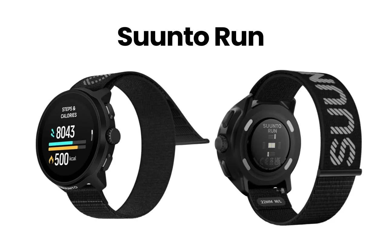 The image presents a Suunto Run smartwatch with a black band, showcasing its sleek design and features. The watch face...