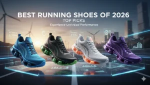 Four running shoes displayed on glass platform with cityscape and windmills. Text reads "Best Running Shoes of 2026 Top Picks: Experience Unrivaled Performance