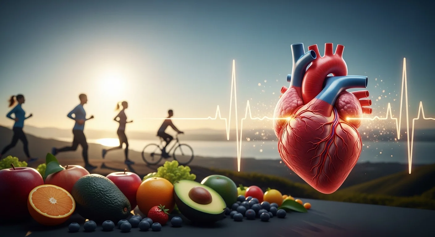 Vibrant digital illustration of a strong, healthy human heart with flowing energy lines, set against a backdrop of dynamic figures exercising, fresh fruits, and a serene outdoor scene. This image represents improved cardiovascular health, fitness, and heart disease prevention through a healthy lifestyle and daily choices.