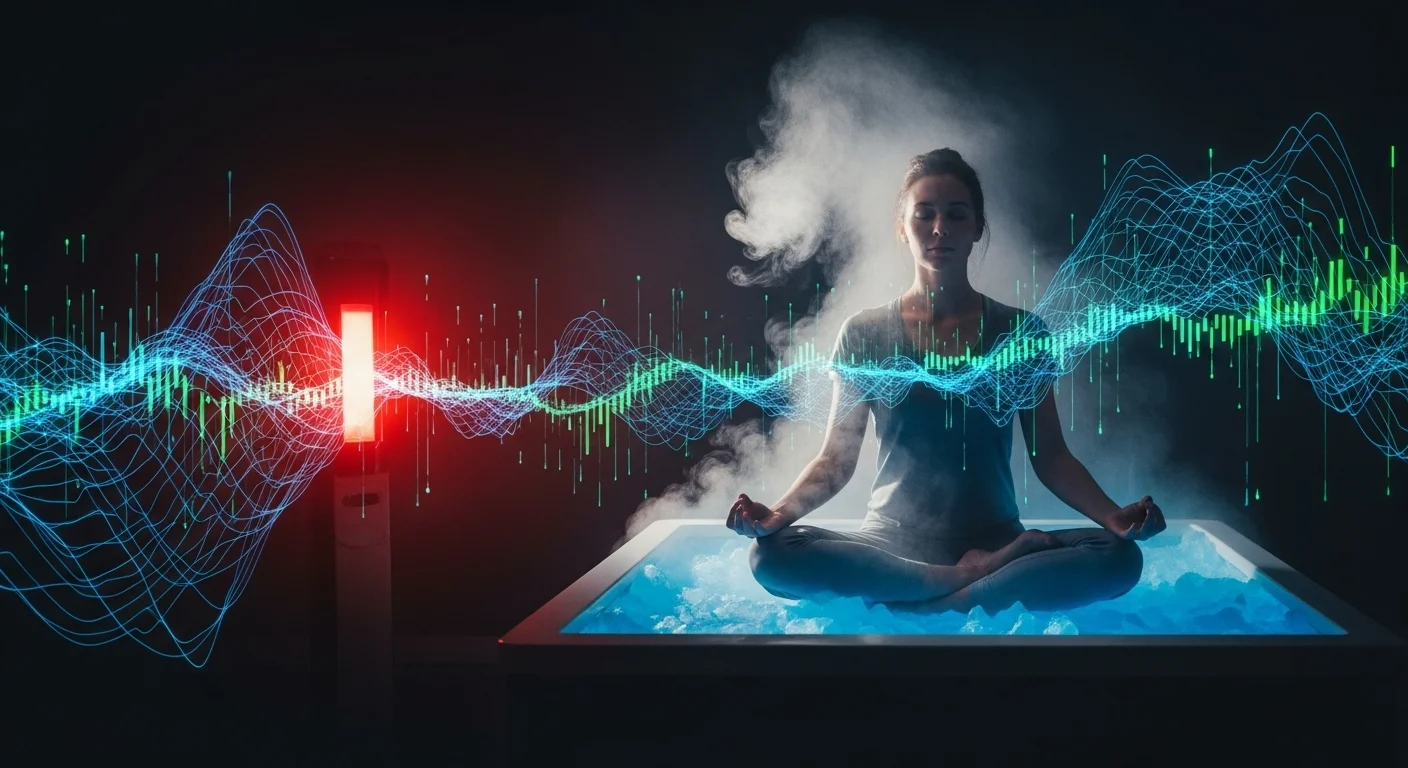 An energetic composite image illustrating modern biohacking for health, featuring a person meditating, alongside visual cues of cold therapy mist, red light therapy, and data streams, symbolizing boosted energy, improved sleep, and youthful vitality.