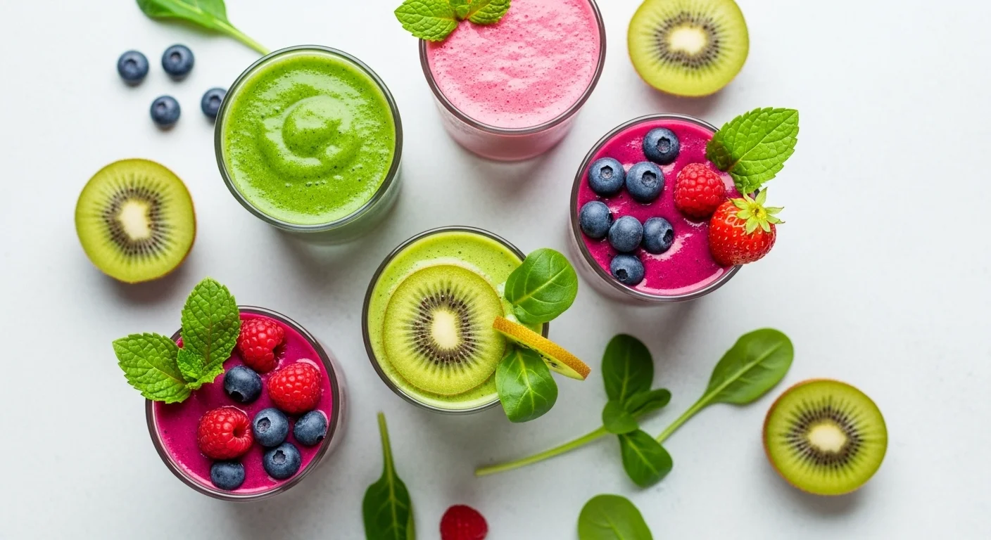 A bright flat lay image showcasing a variety of healthy smoothies in glasses, garnished with fresh fruits and vegetables. The colorful drinks suggest delicious, science-backed recipes for losing belly fat and promoting overall health.