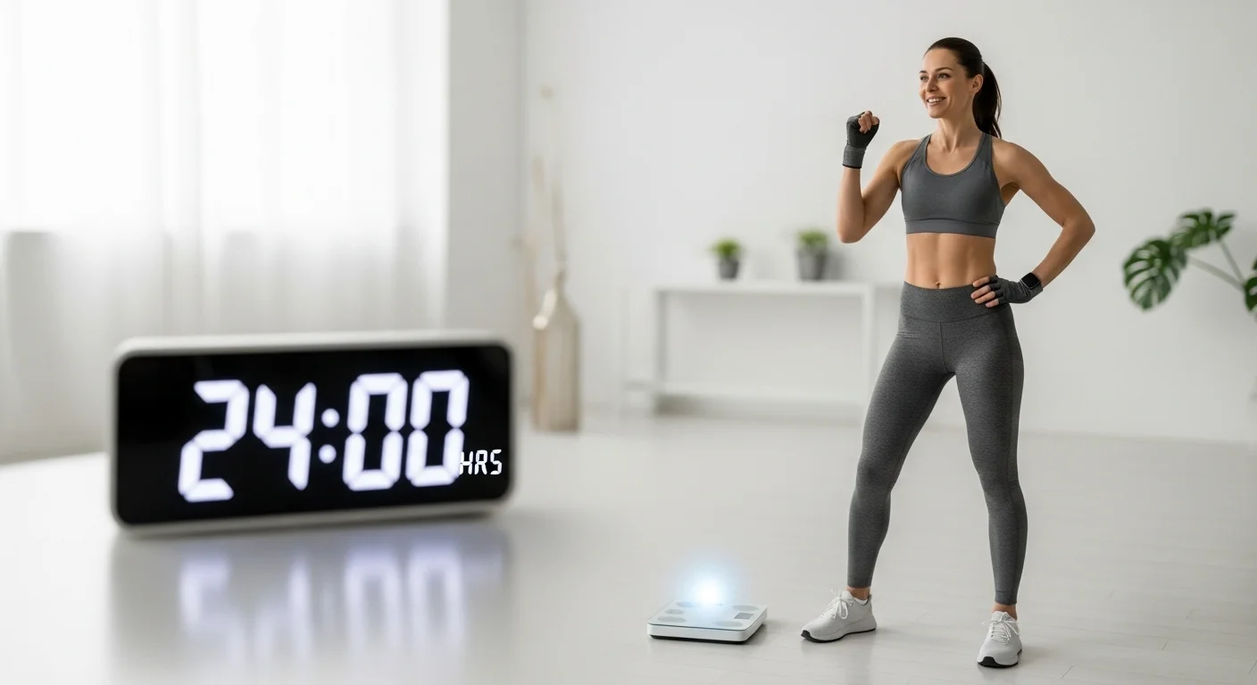 A healthy person with a confident posture, subtly framed by a digital clock showing 24 hours and a glowing weight scale. This image symbolizes successful 24-hour fasting and its weight loss results, emphasizing health and wellness.