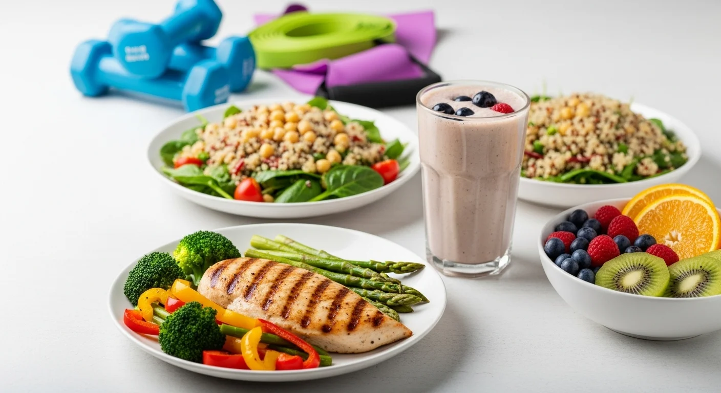 A top-down view of healthy and diverse post-workout meal ideas laid out on a clean surface, featuring protein-rich dishes like grilled chicken and a protein shake, along with vegetables and grains, symbolizing effective nutrition for muscle gain and fat loss. Small fitness accessories are visible in the background.