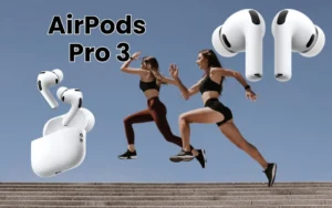 AirPods Pro 3 earbuds on a fitness tracker background.
