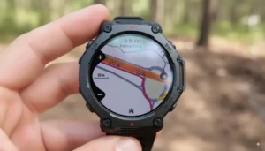 Amazfit T Rex 3 Pro smartwatch on a rugged outdoors background.