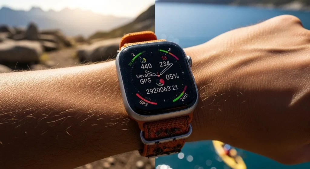 A close-up of an Apple Watch Ultra 3 on an adventurer's wrist against a blurred, rugged mountain or ocean backdrop. The smartwatch screen shows fitness tracking data, ideal for a 30-day review and active use.