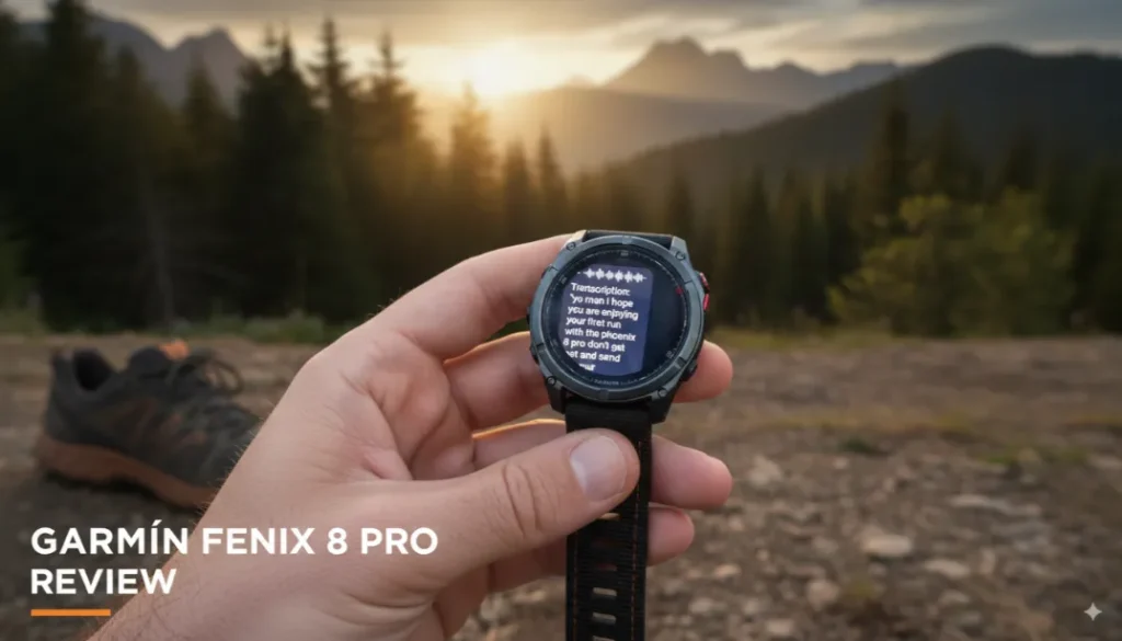 Garmin Fenix 8 Pro smartwatch on a persons wrist with various fitness tracking features displayed.