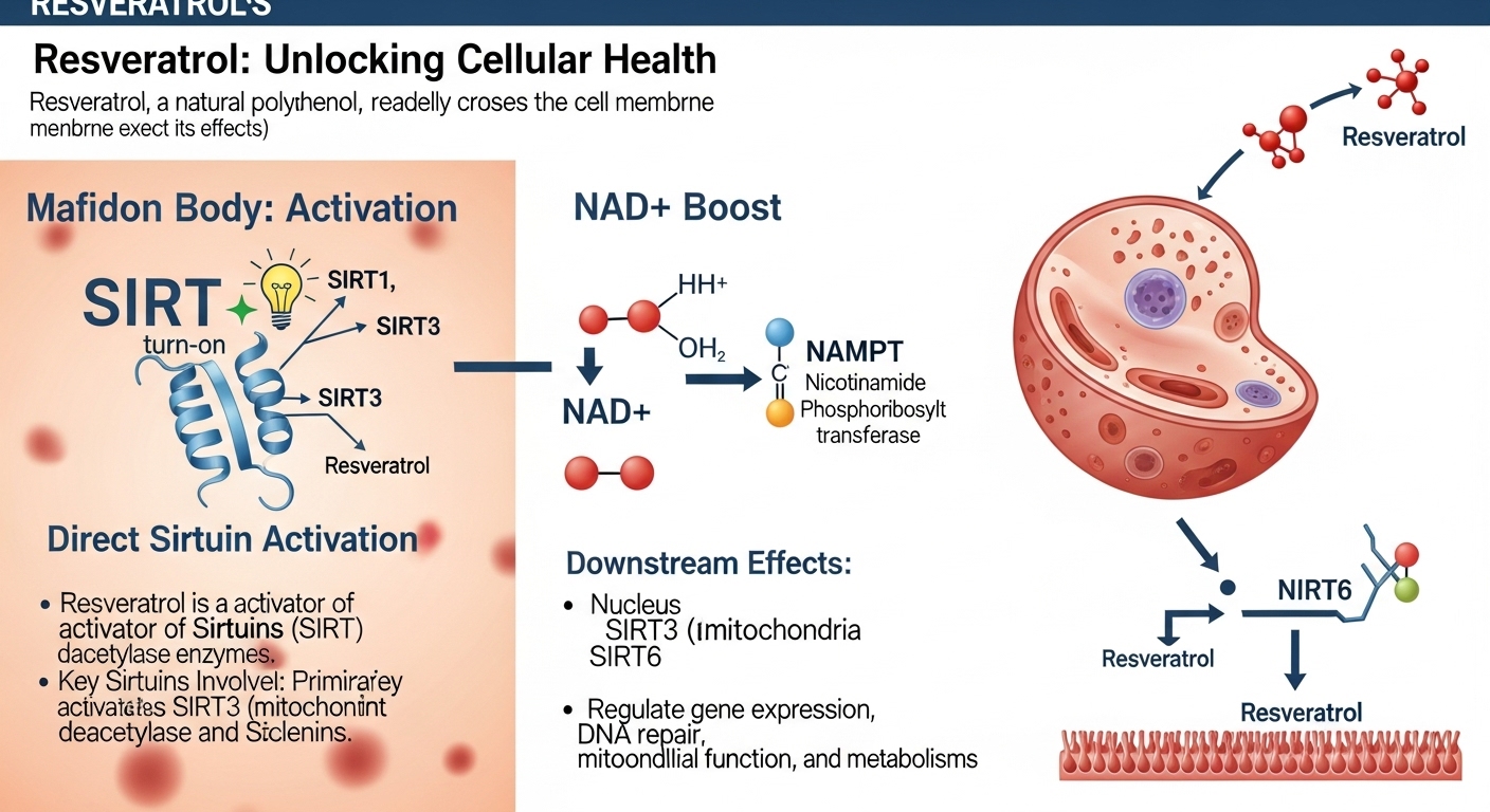 Resveratrols cellular benefits illustrated, showing how it works at a cellular level to promote overall health and wellness.