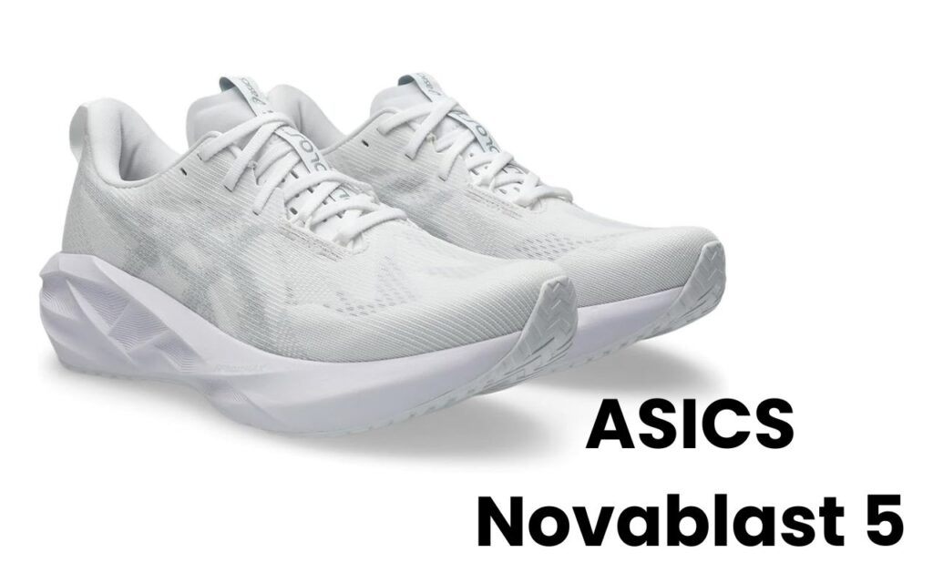 ASICS Novablast 5 running shoe side view on a white background showcasing its sleek design and vibrant colors.